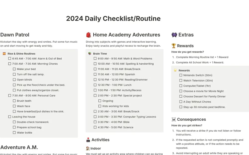2024 Homeschool Daily Routine & Checklist for Kids Notion template preview