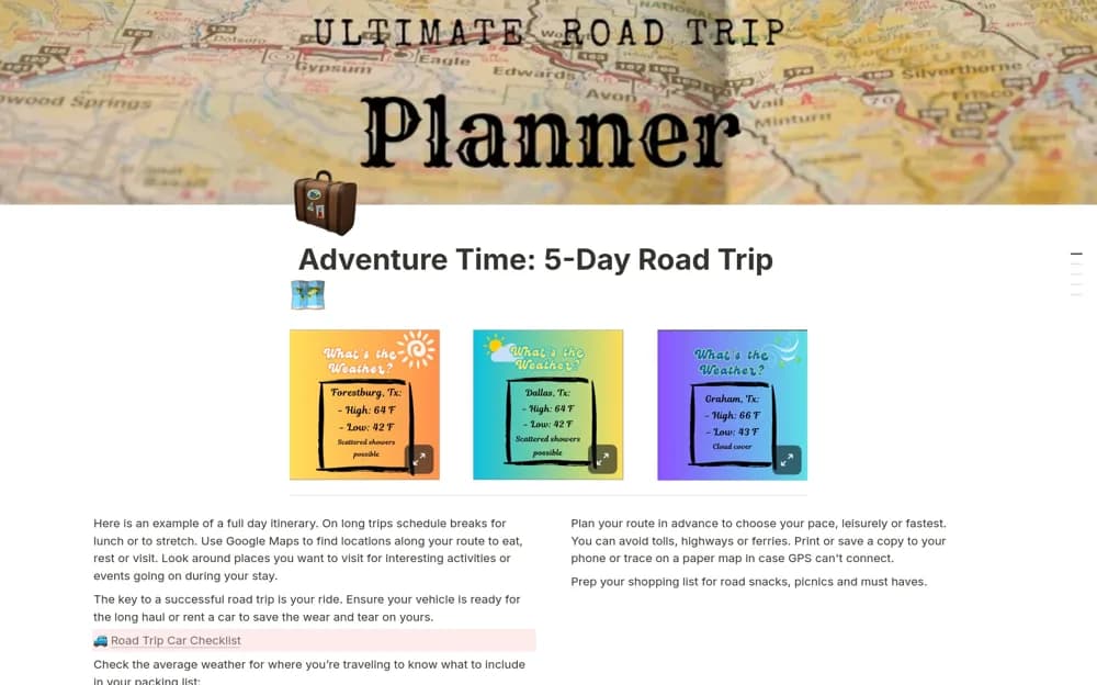 5-Day Road Trip Planner Notion template preview
