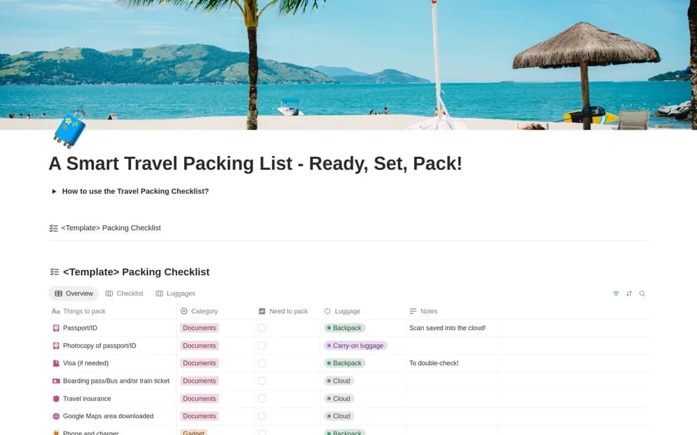 A Smart Travel Packing List - Ready, Set, Pack! — preview from Notion Marketplace