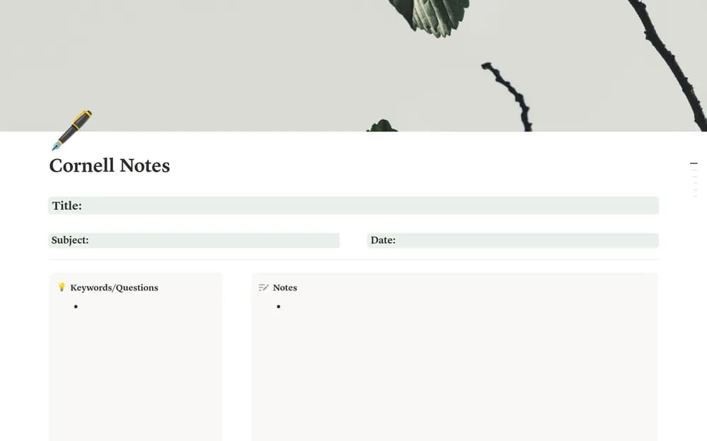 Aesthetic Cornell Notes Notion template preview