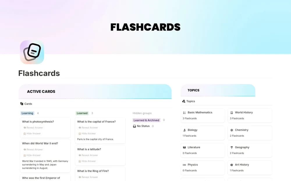 Aesthetic Flashcards Notion template preview