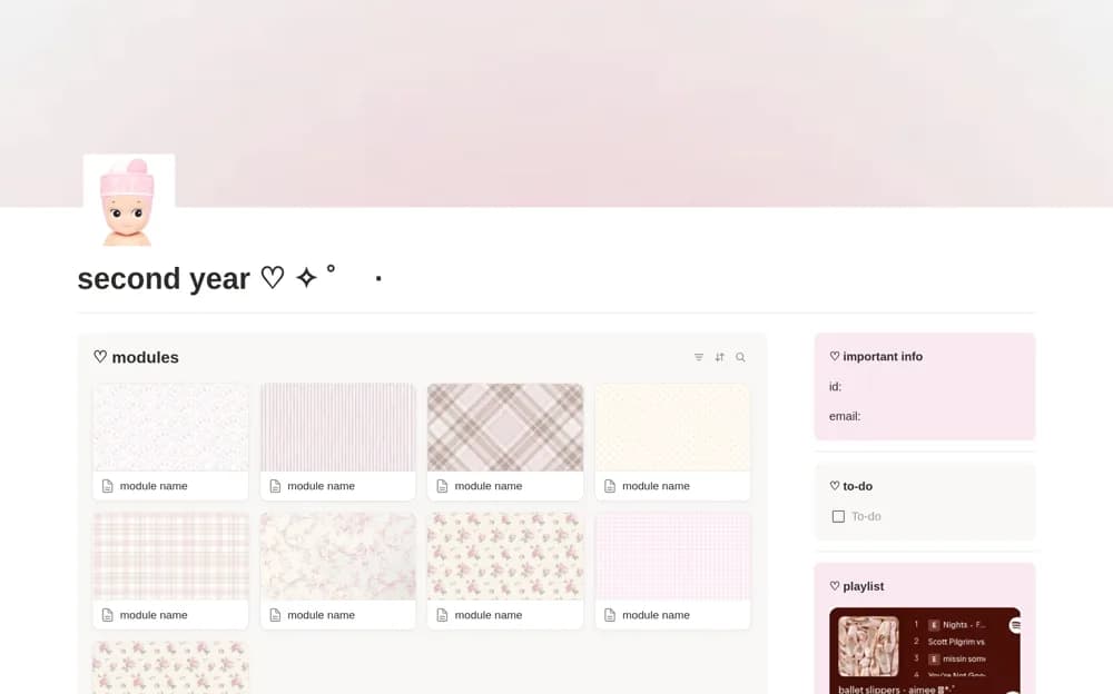 pink university workspace ♡ Notion template preview
