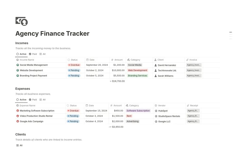 Agency Finance Tracker Notion template preview