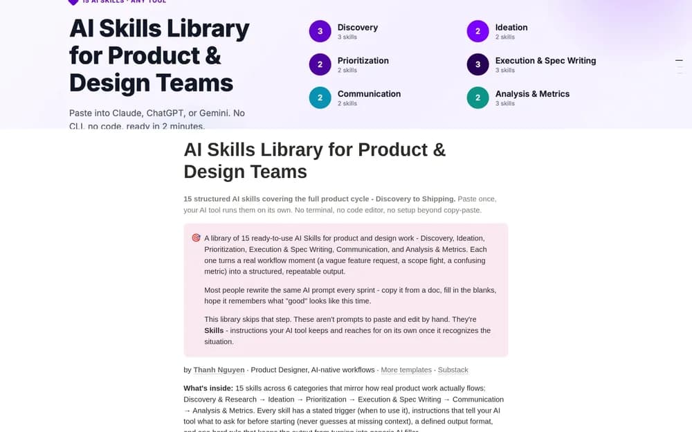 AI Skills Library for Product & Design Teams Notion template preview