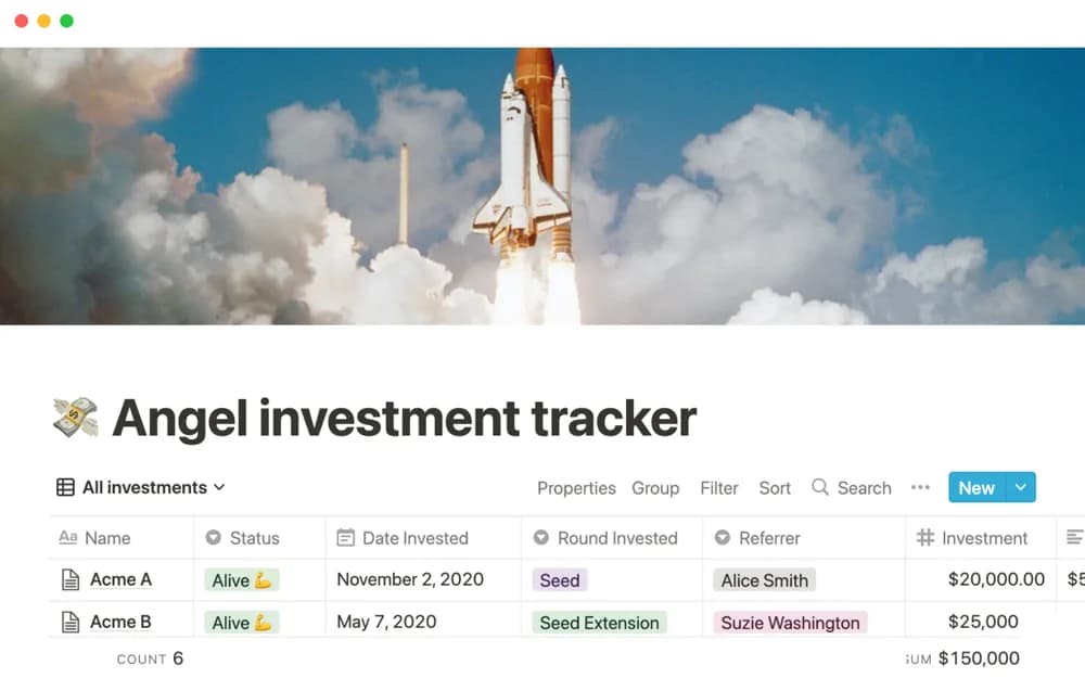 Angel investment tracker Notion template preview