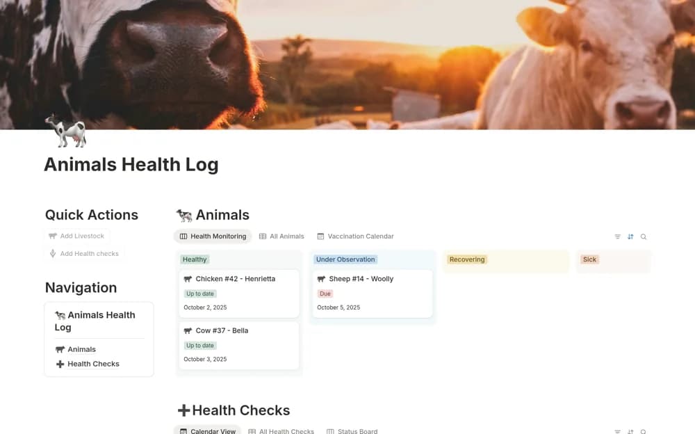 Animals Health Log Notion template preview