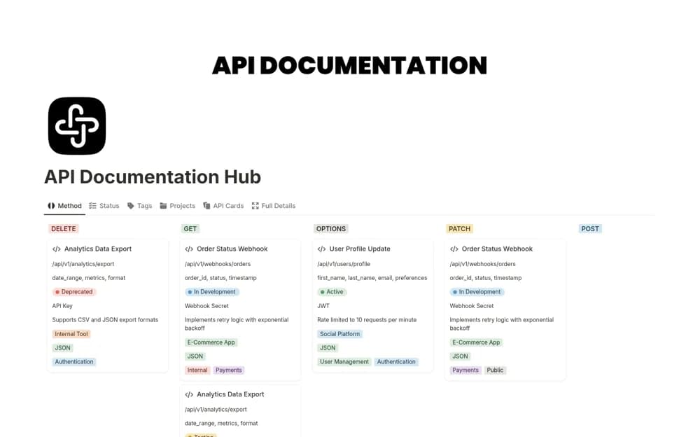 API Documentation Hub Notion template preview