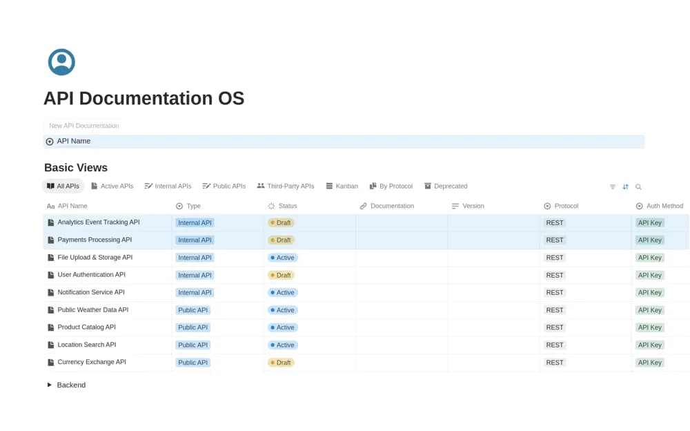 API Documentation Manager Notion template preview