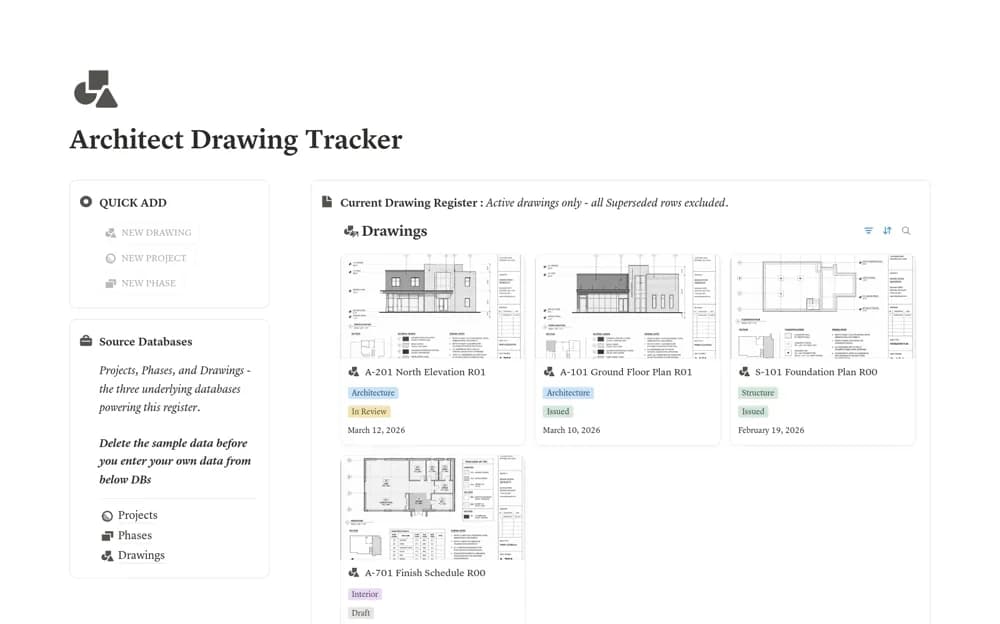 Architect Drawing Revision Register Notion template preview