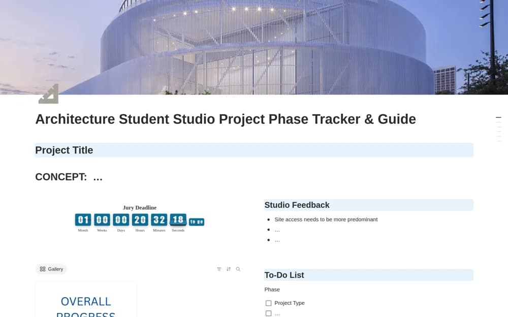 Architect Student Studio Project Phase Tracker Notion template preview