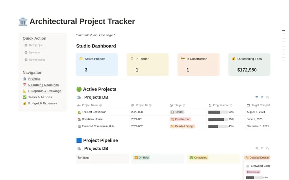 Architectural Project Tracker Notion template preview