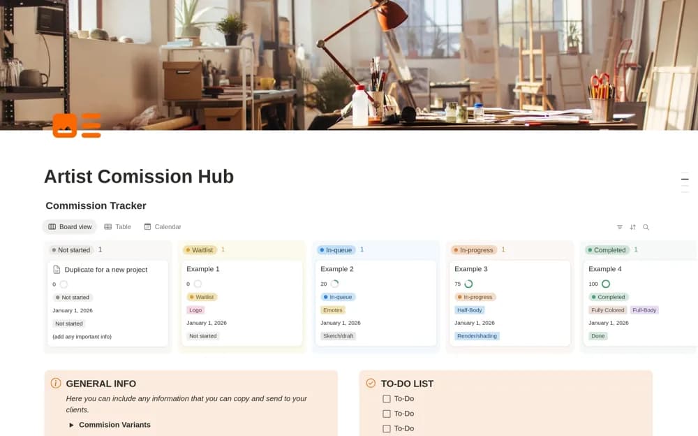 Artist Commission Hub Notion template preview