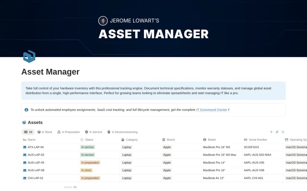 Asset Manager Notion template preview
