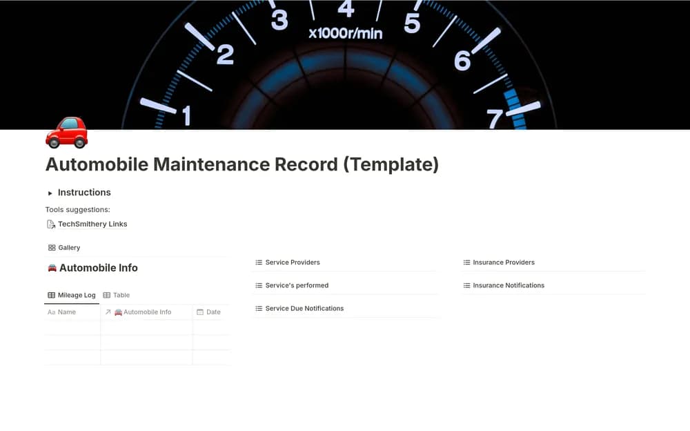 Automobile Maintenance Notion template preview