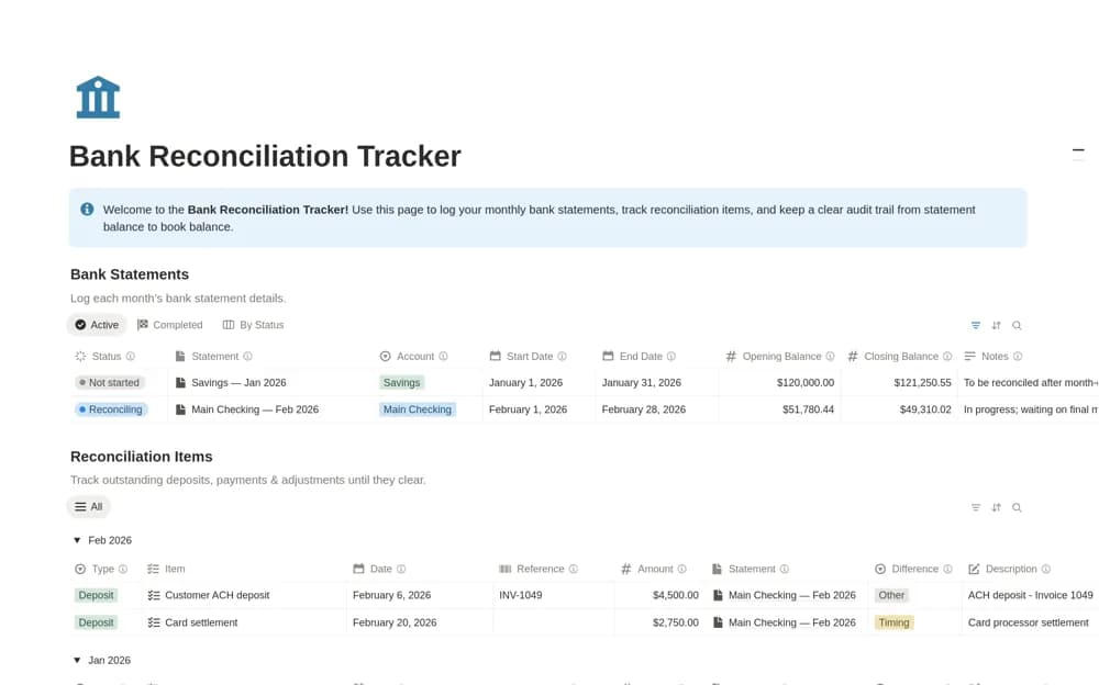 Bank Reconciliation Tracker Notion template preview