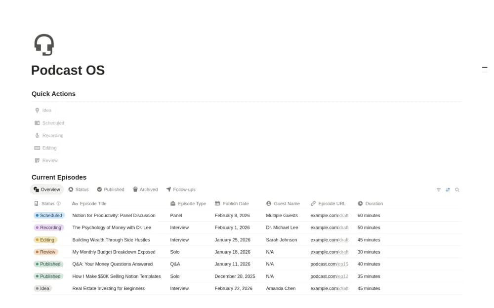 Podcast OS Notion template preview