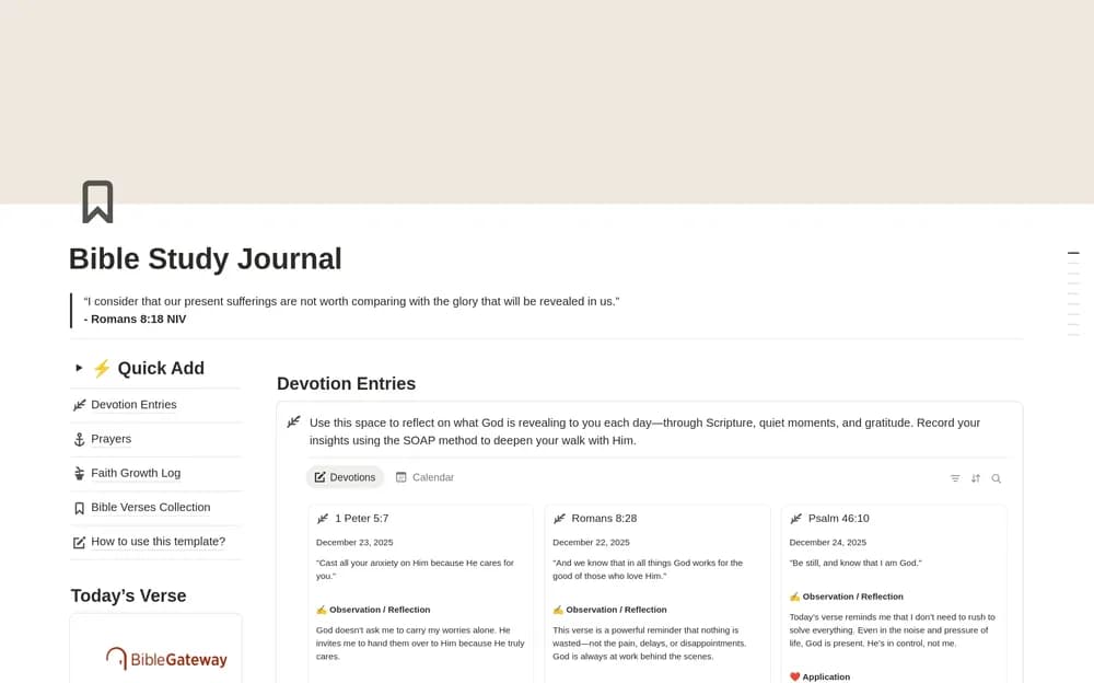 Bible Study Journal Notion template preview