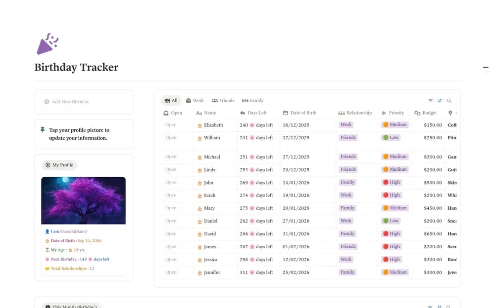 Birthday Tracker Notion template preview
