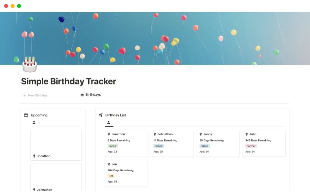 Birthday Tracker by exsequor — preview from Notion Marketplace