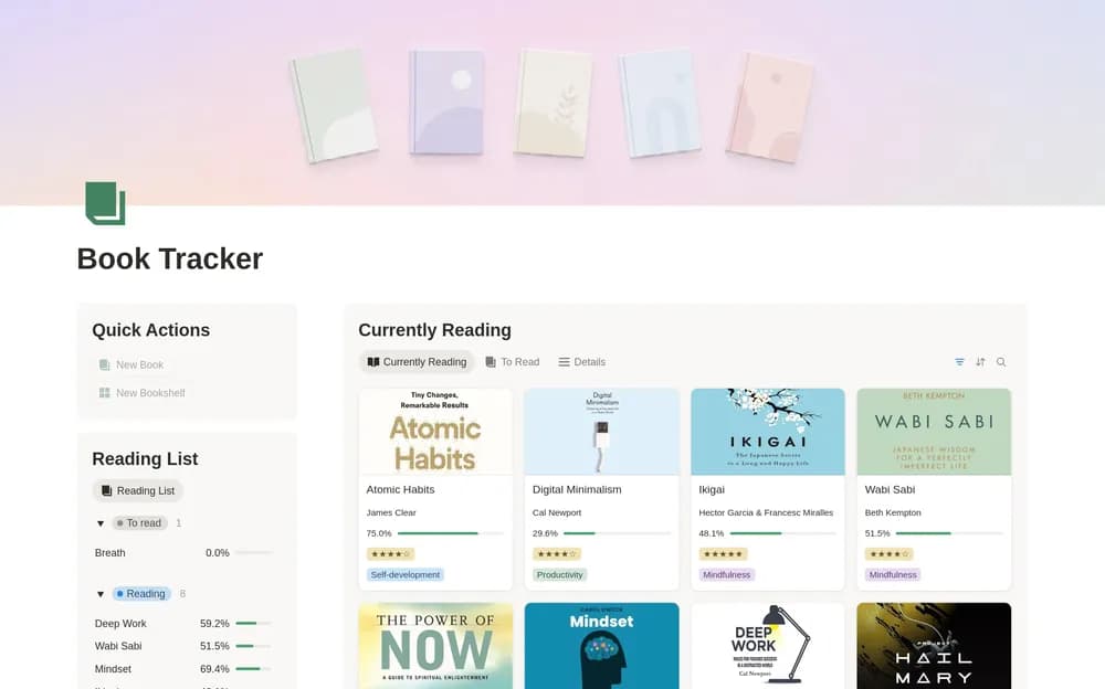 Aesthetic Book Tracker, Reading List & Library Notion template preview