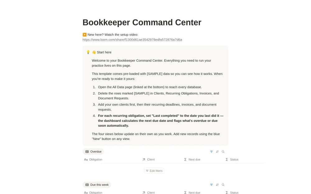 Bookkeeper Command Center Notion template preview