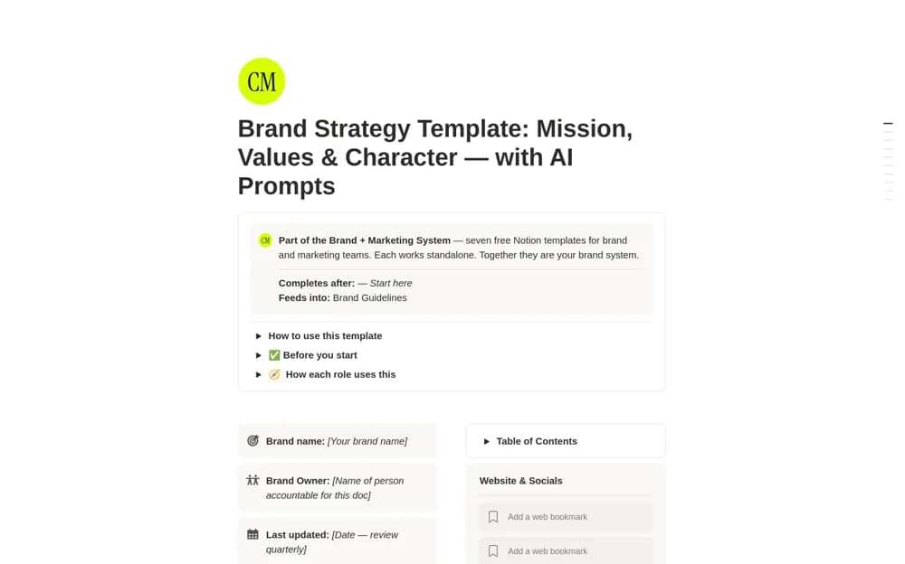 Brand Strategy — with AI Prompts Notion template preview