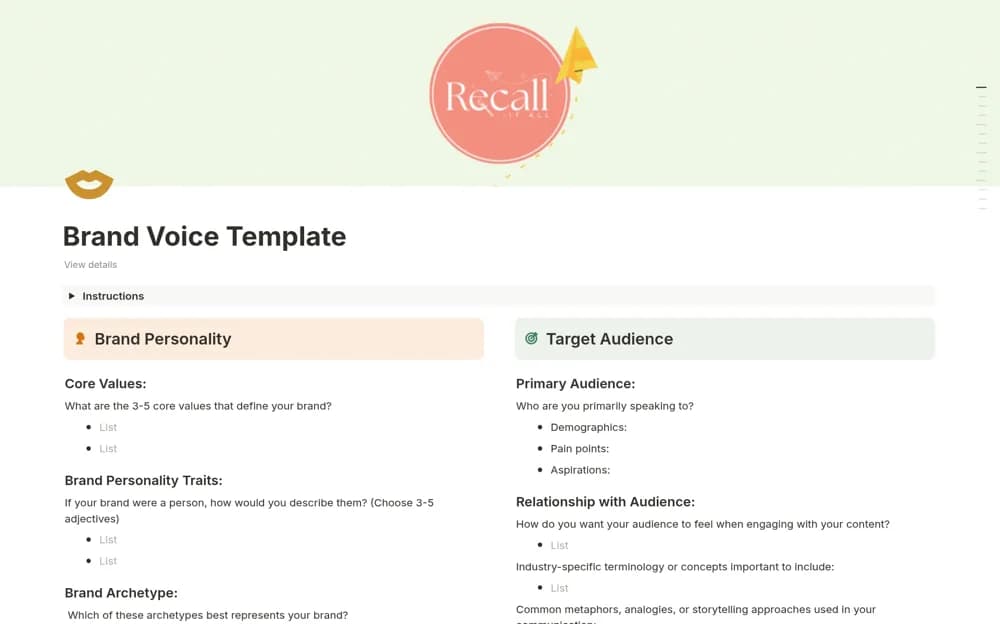Brand Voice Copy Writing Style Guide Questionnaire Notion template preview