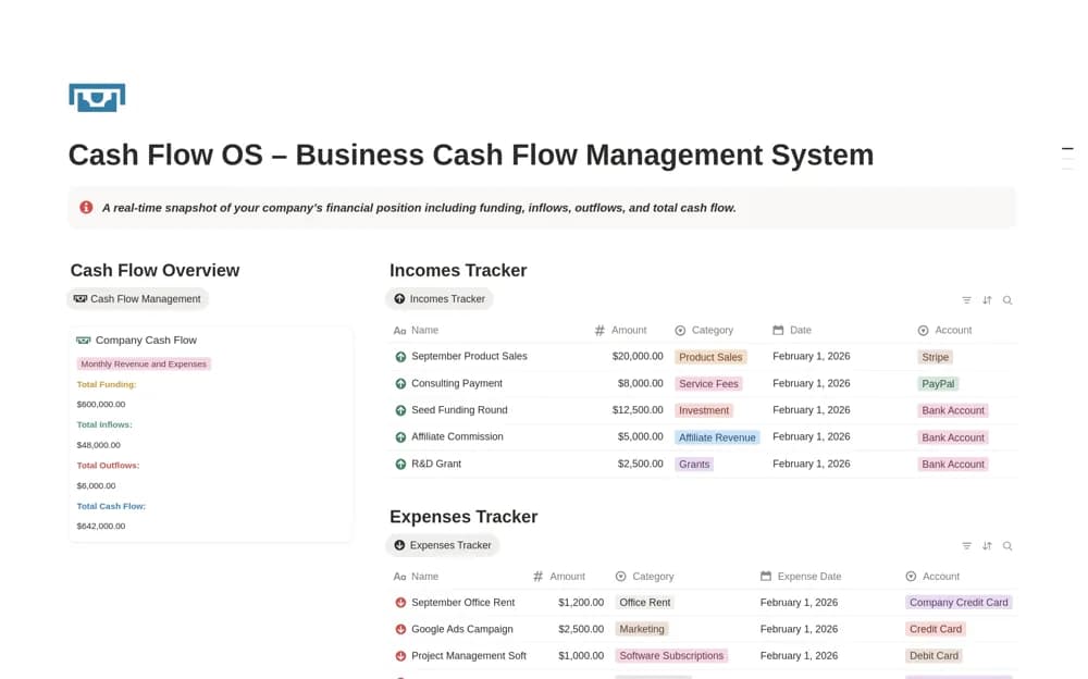 Business Cash Flow Management System Notion template preview