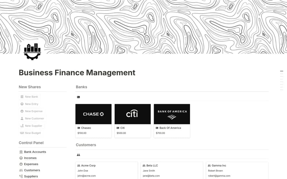 Business Finance Management Notion template preview