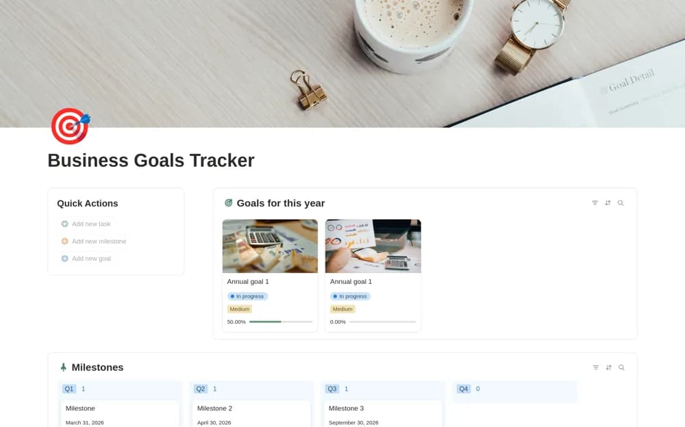Business Goal Tracker – Goals, Milestones & Tasks — preview from Notion Marketplace