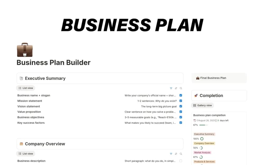 Business Plan Builder — preview from Notion Marketplace