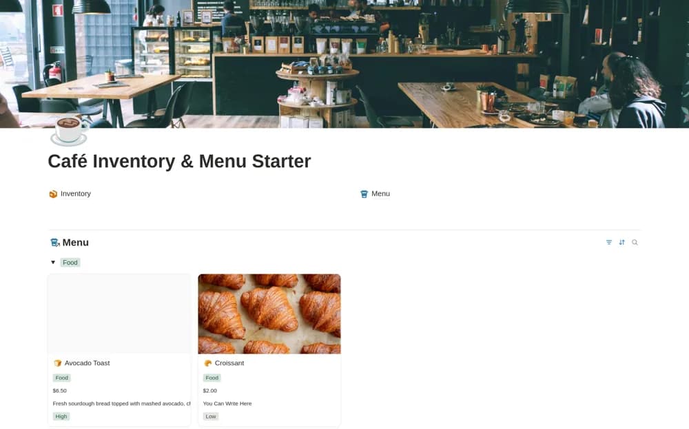 Café Inventory & Menu Starter Notion template preview