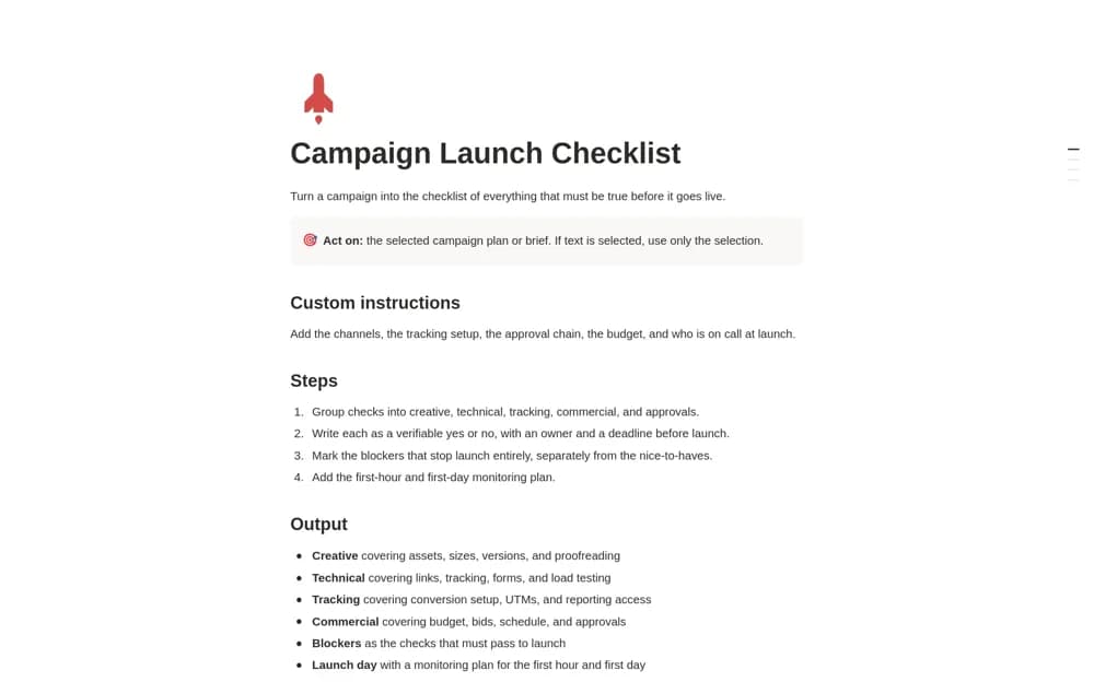 Campaign Launch Checklist Notion template preview