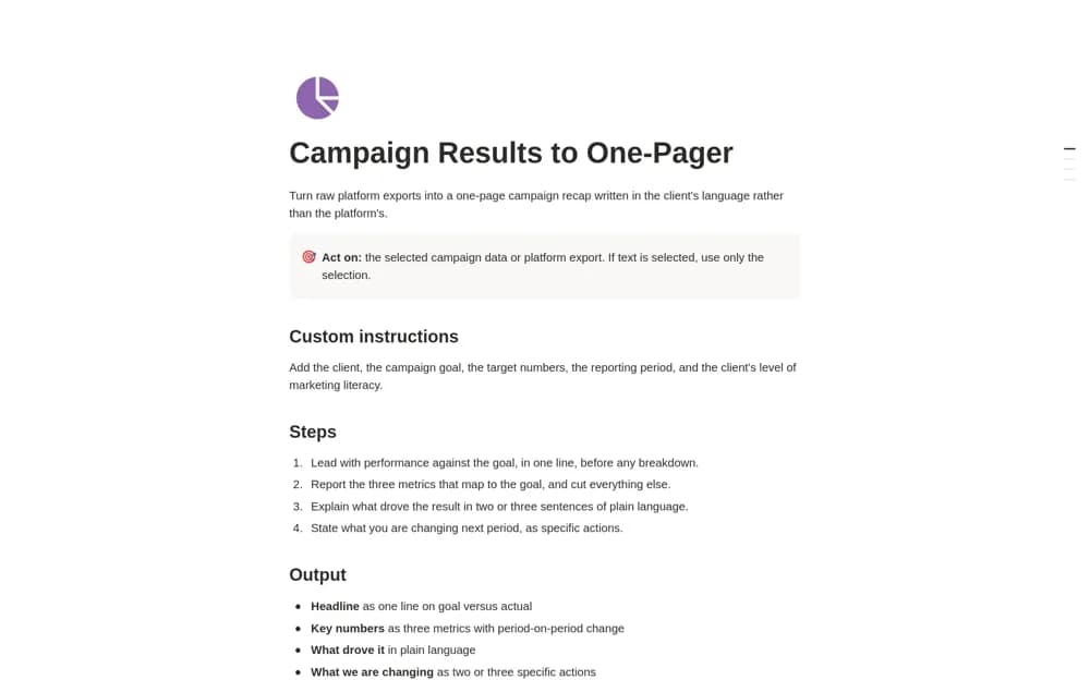 Campaign Results to One-Pager Notion template preview