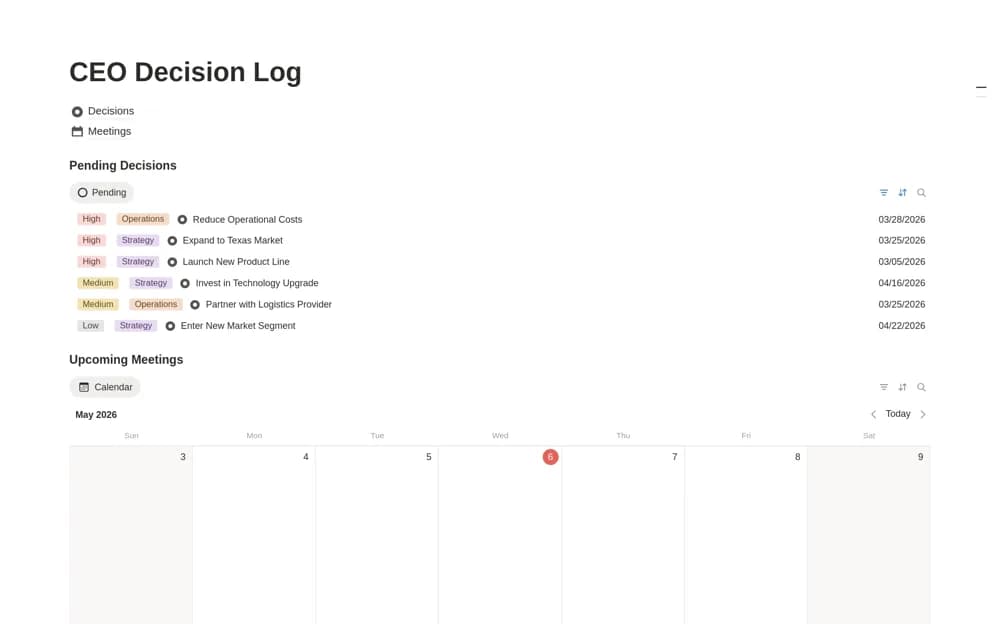 CEO Decision Log — preview from Notion Marketplace