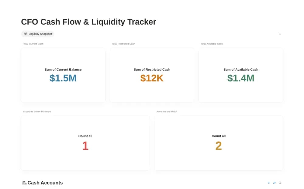 CFO Cash Flow & Liquidity Tracker — preview from Notion Marketplace