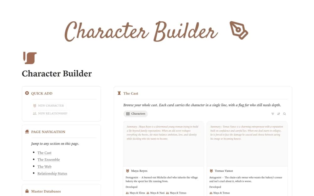 Character Builder: Relationship Web for Writers Notion template preview