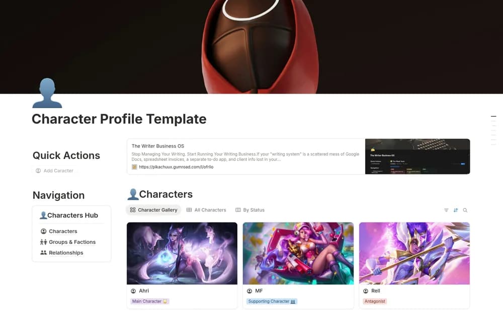 Character Profile Writer Notion template preview