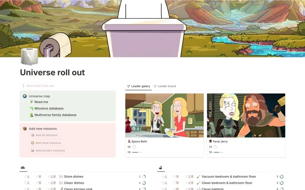 Household chores gamification (Rick&Morty design) — preview from Notion Marketplace