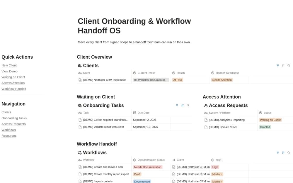 Client Onboarding & Handoff OS Notion template preview