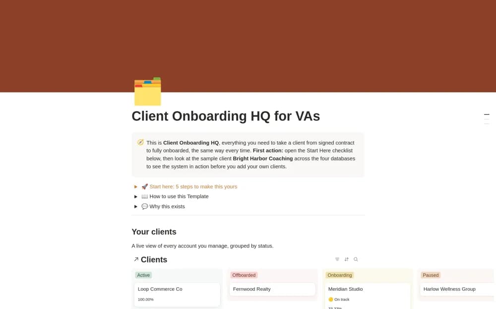 Client Onboarding HQ for Virtual Assistants Notion template preview