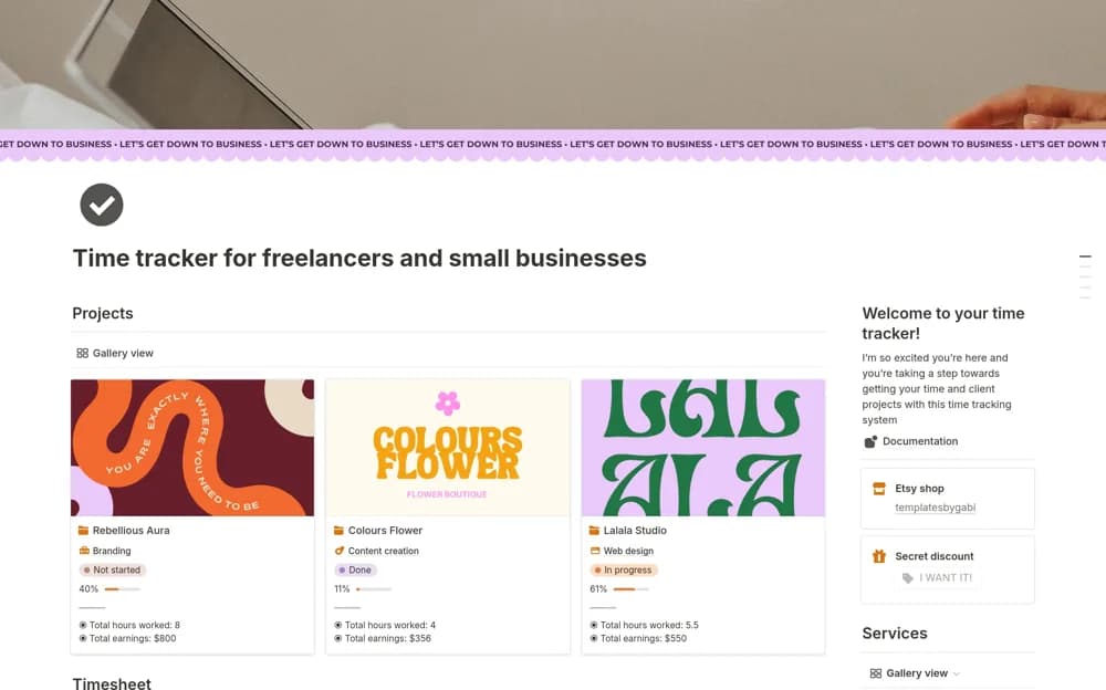 Time tracker for freelancers and small businesses Notion template preview