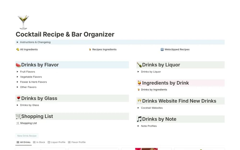 Cocktail Recipe & Bar Organizer Notion template preview