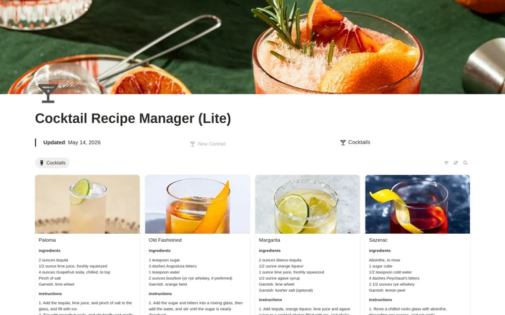 Cocktail Recipe Manager (Lite) Notion template preview