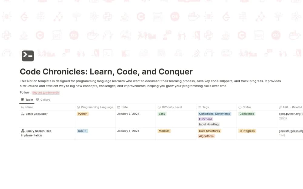 Code Chronicles: Learn, Code, and Conquer Notion template preview