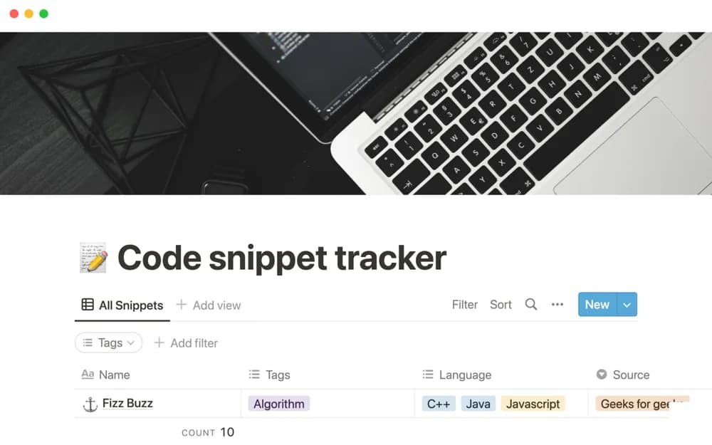 Code snippet tracker Notion template preview
