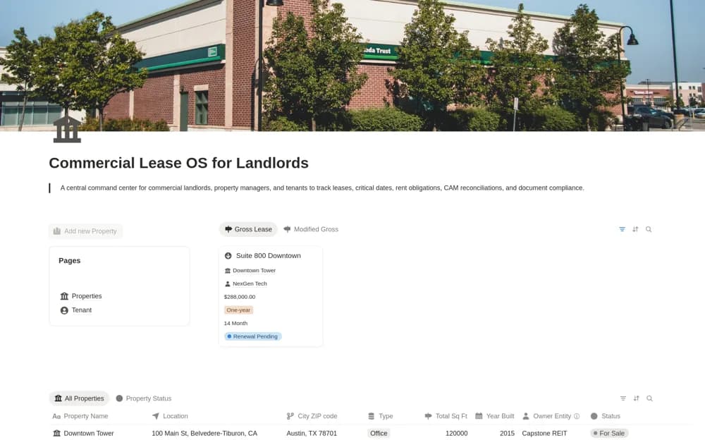 Commercial Lease OS for Landlords Notion template preview