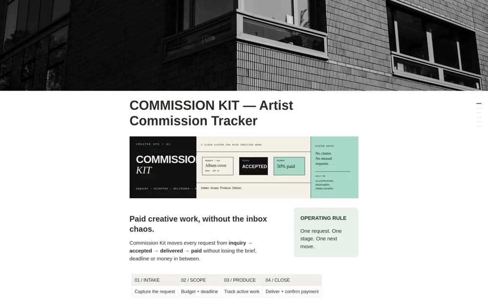 COMMISSION KIT — Artist Commission Tracker Notion template preview