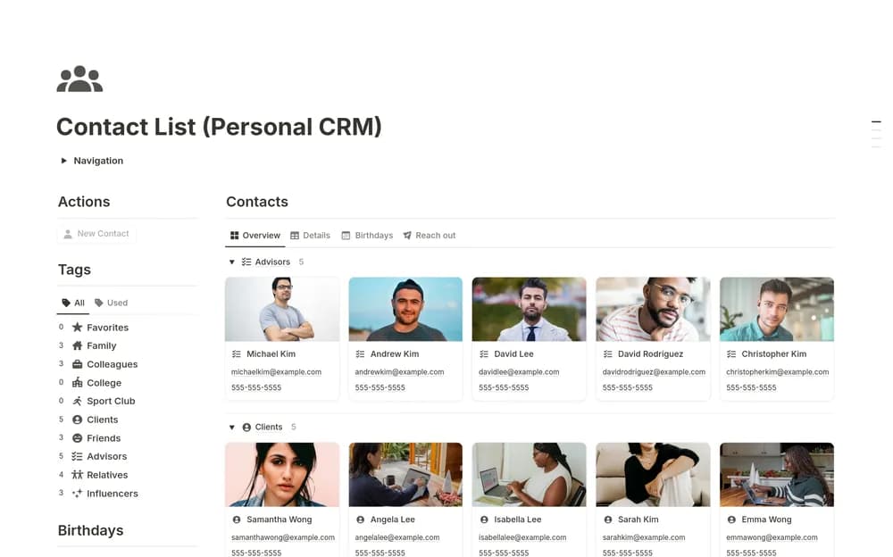 Contact List (Personal CRM) Notion template preview