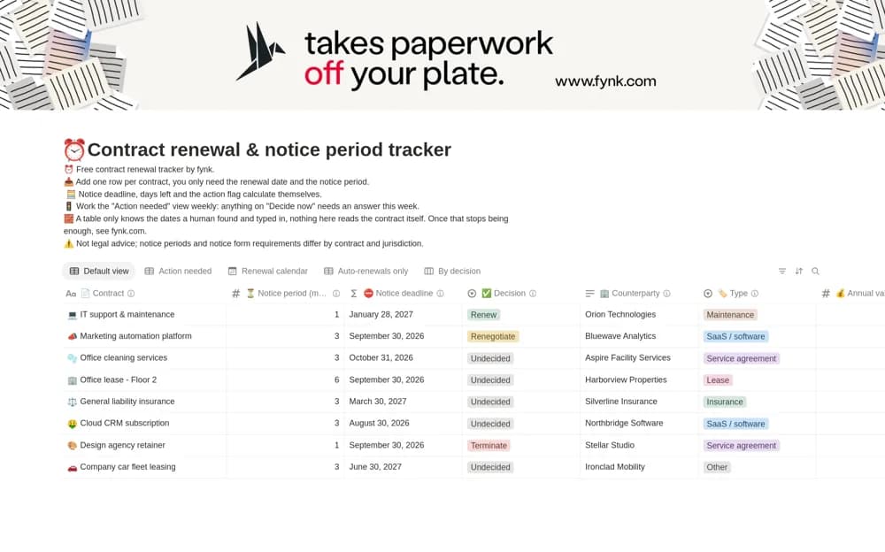 Contract renewal & notice period tracker — preview from Notion Marketplace